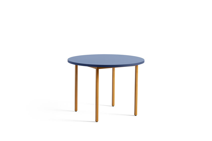 TWO-COLOUR TABLE - Ø105 x 74 cm - Blue Water-based Lacquered Valchromat - Ochre Powder Coated Steel