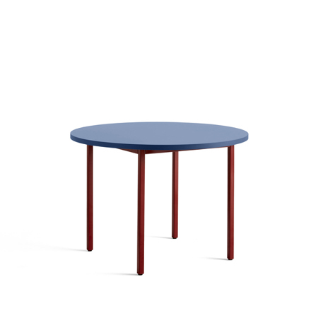 TWO-COLOUR TABLE - Ø105 x 74 cm - Blue Water-based Lacquered Valchromat - Maroon Red Powder Coated Steel