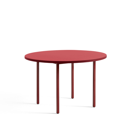 TWO-COLOUR TABLE - Ø120 x H74 cm - Red Water-based Lacquered Valchromat - Maroon Red Powder Coated Steel