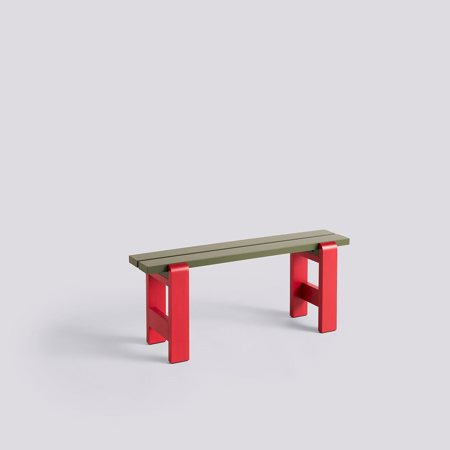 WEEKDAY BENCH DUO - 111 x 23 x 45 - Olive Lacquered Pinewood Benchtop Wine Red Lacquered Pinewood Frame